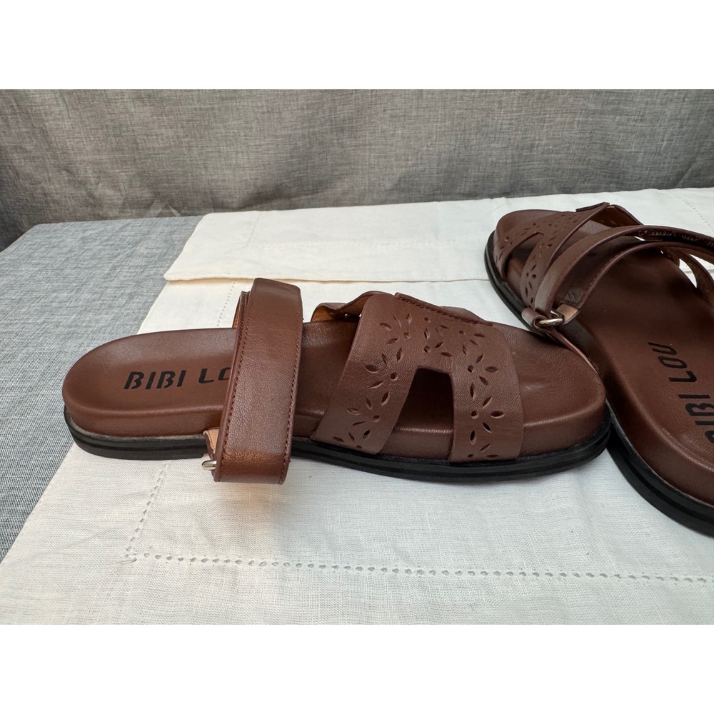Bibi Lou Brown Leather Cut Slide Sandals Women 38 Flat 80132772 Spain size 7.5 8 - Picture 3 of 8